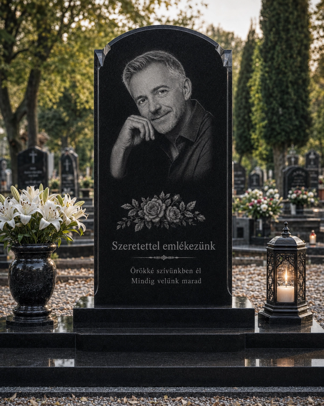 Részletgazdag sírkő gravírozás fekete gránit síremléken