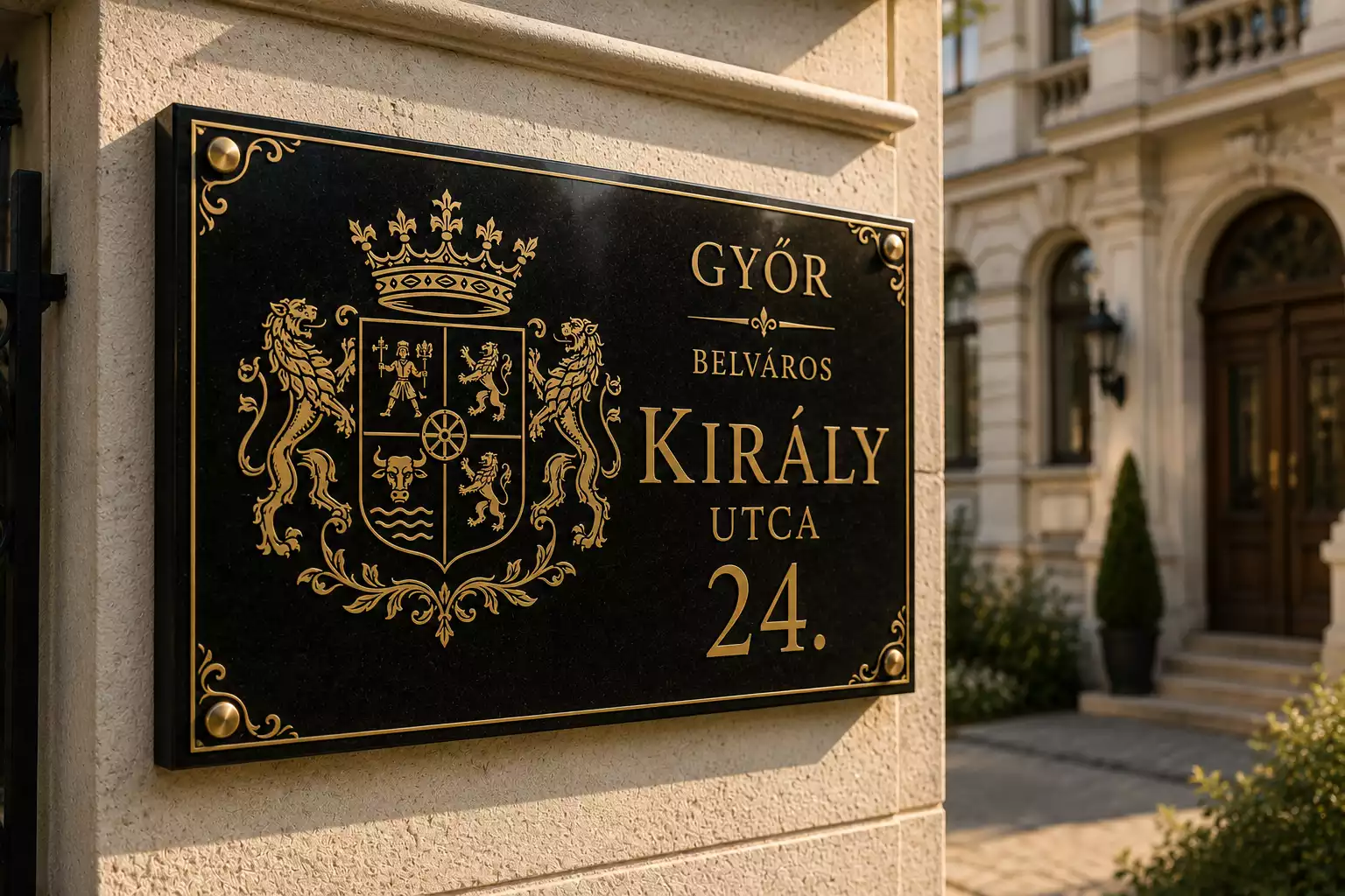 Címeres fekete gránit utcatábla aranyszínű gravírozott részletekkel