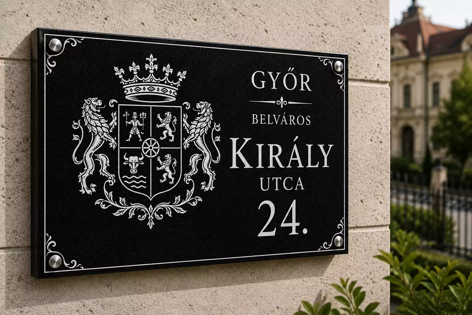 Címeres fekete gránit utcatábla fehér gravírozott részletekkel