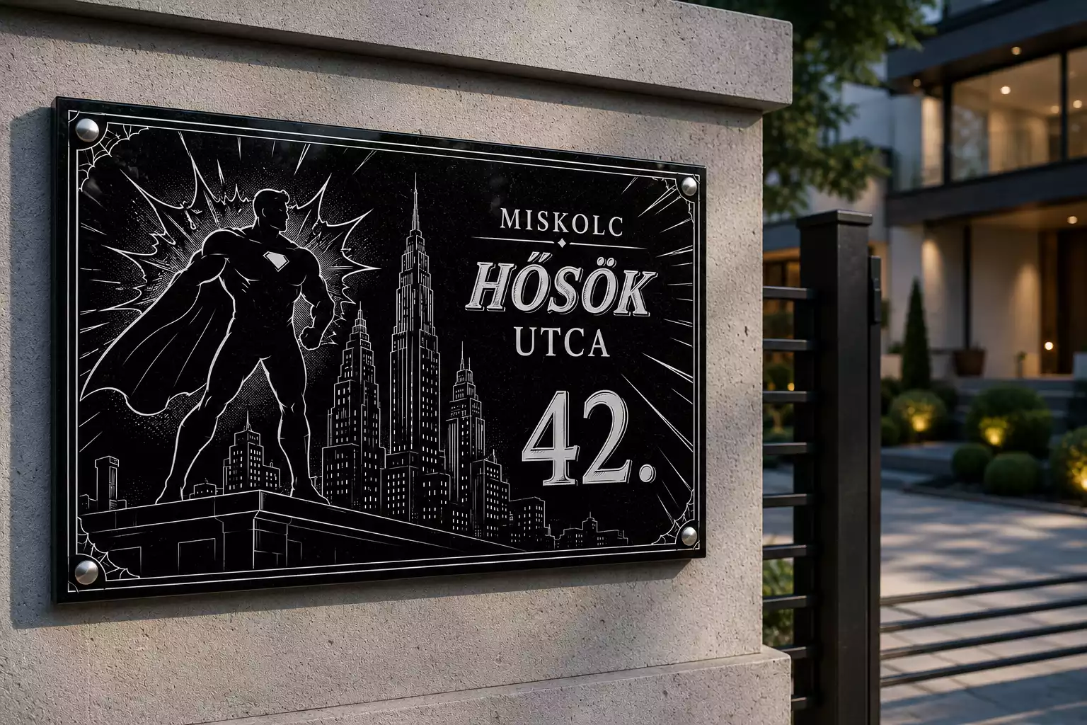 Képregényhős témájú egyedi fekete gránit tábla fehér grafikával
