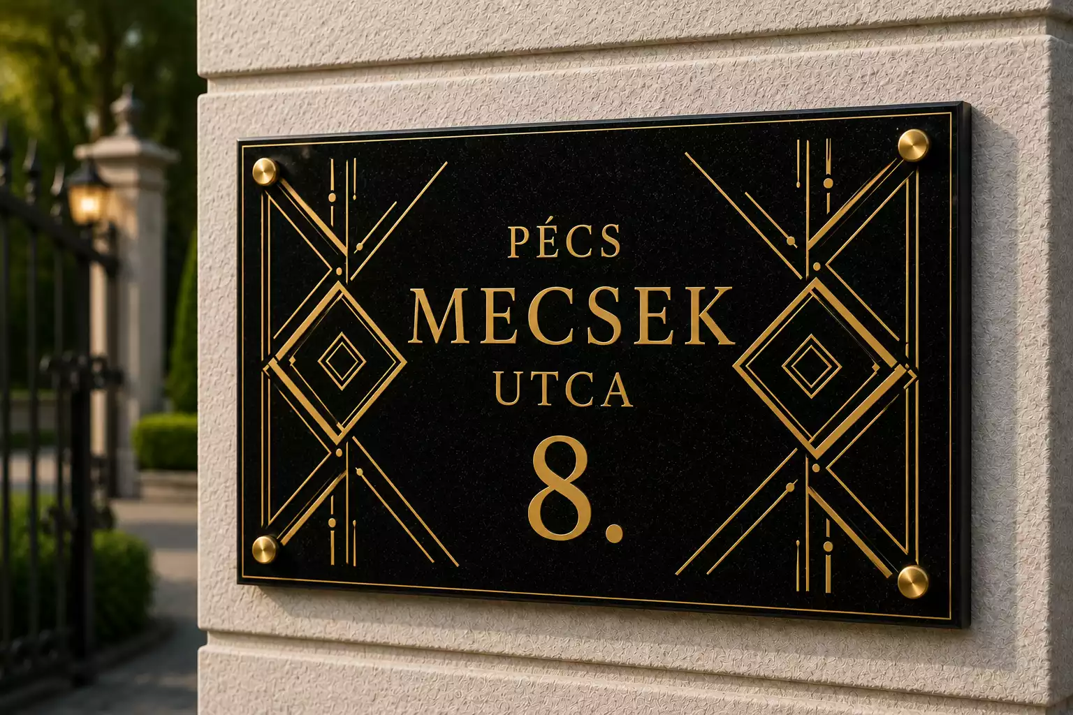 Modern geometrikus fekete gránit utcatábla aranyszínű vonalakkal