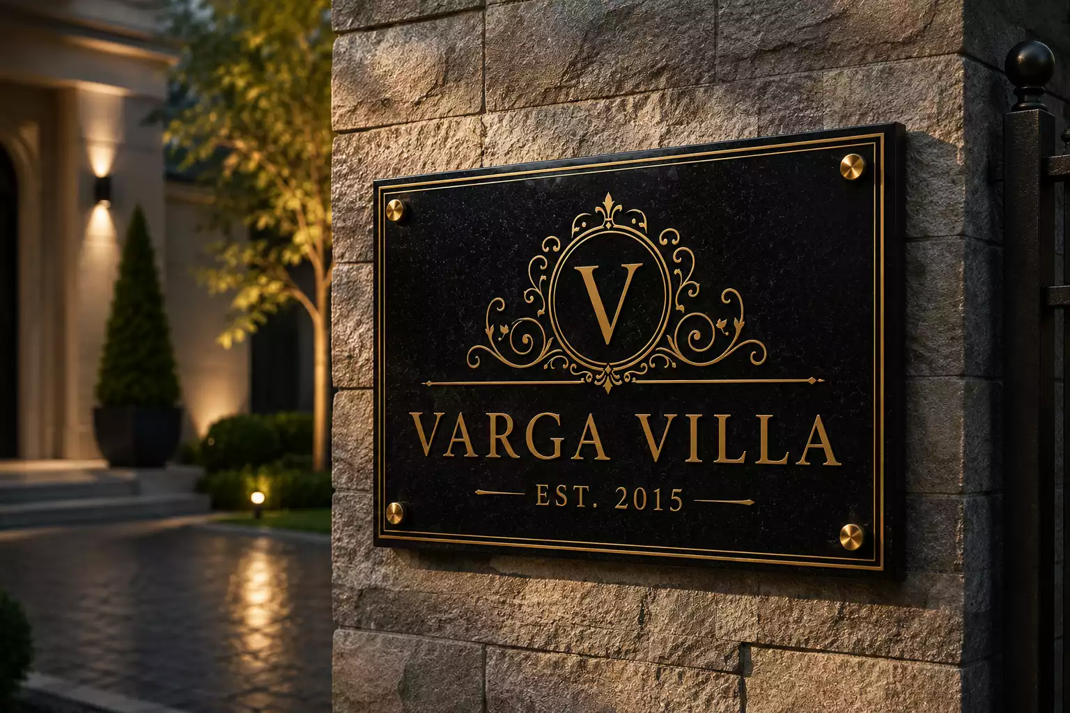 Monogramos fekete gránit villatábla aranyszínű kivitelben
