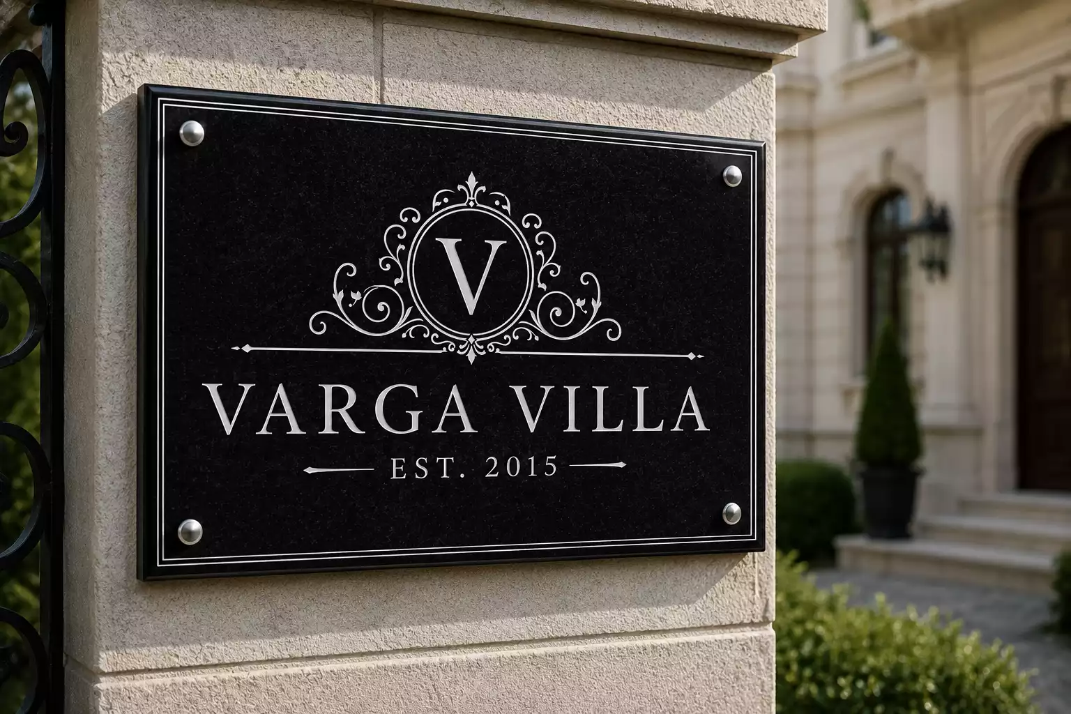 Monogramos fekete gránit villa névtábla fehér gravírozással