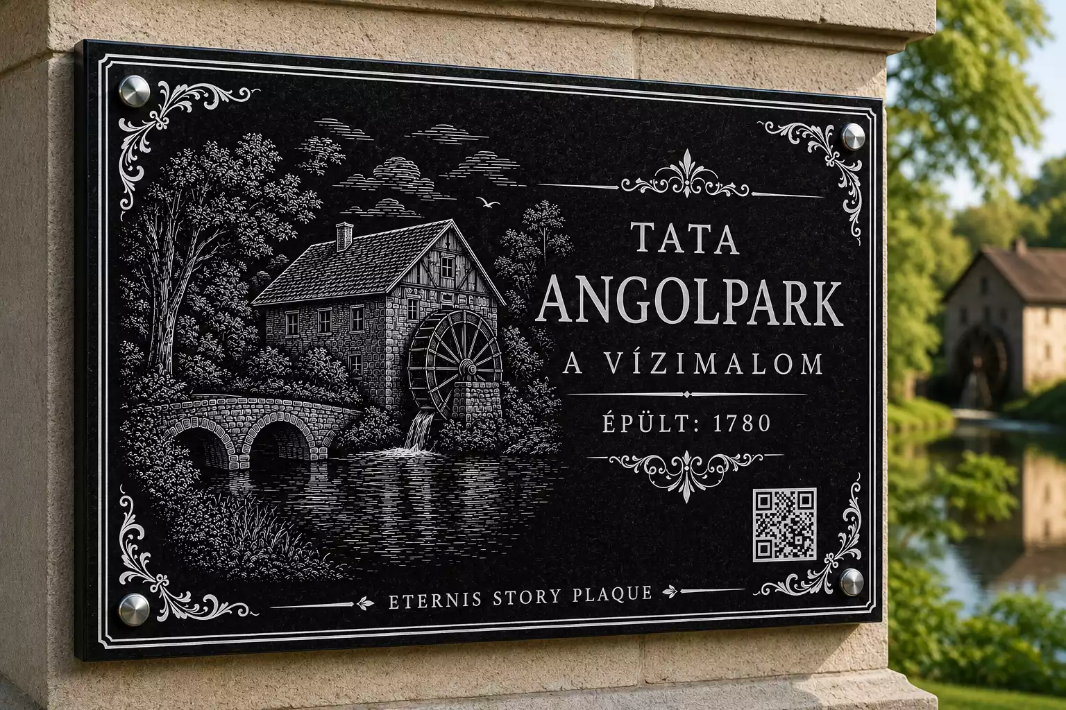 QR-kódos történeti információs fekete gránit tábla fehér grafikával