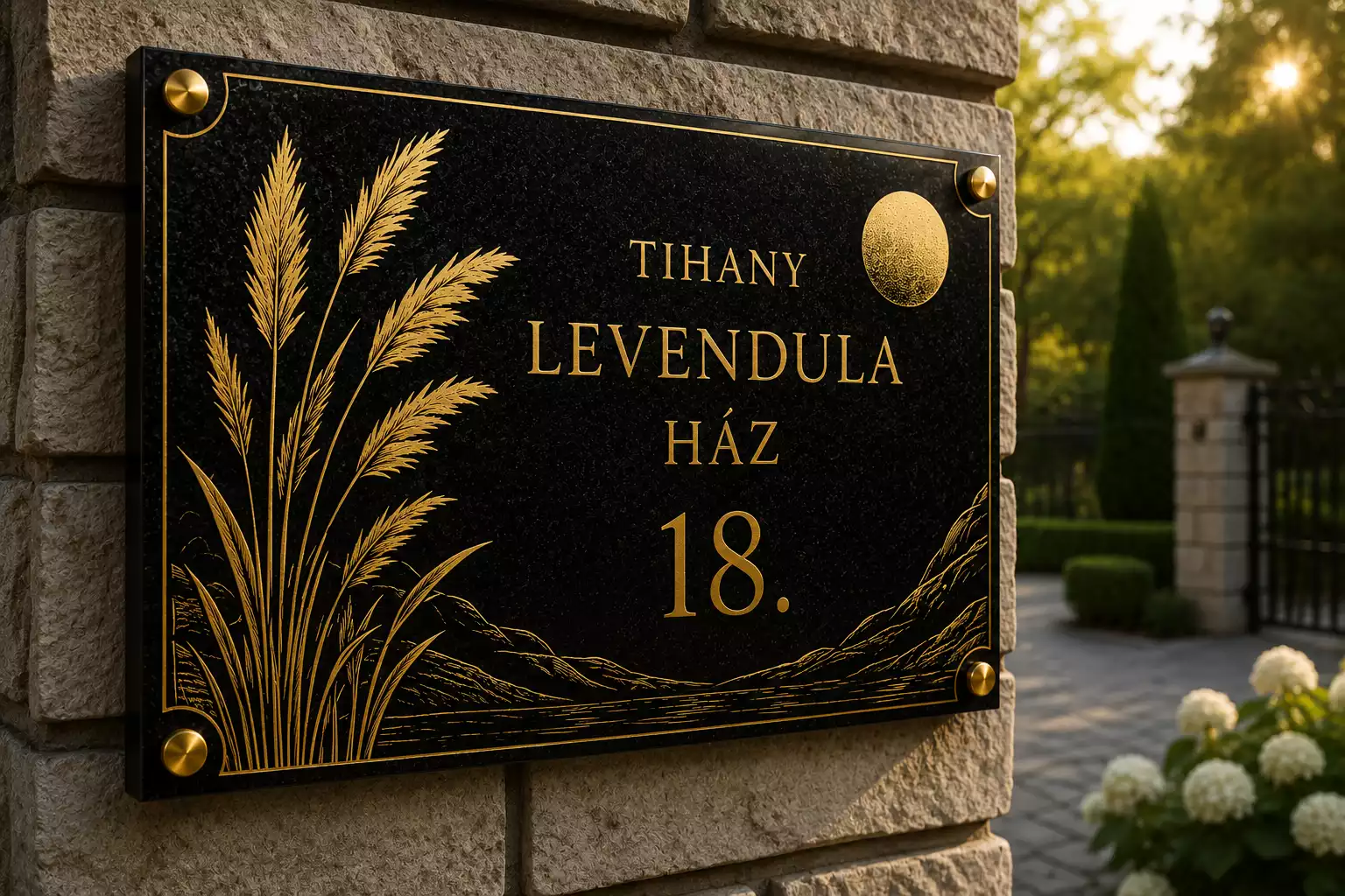Természetközeli fekete gránit házszámtábla aranyszínű növényi grafikával