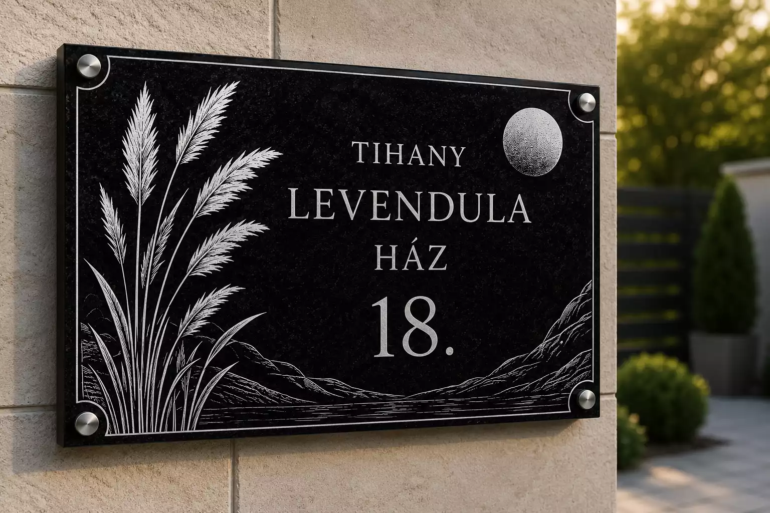 Természetközeli fekete gránit házszámtábla fehér növényi grafikával